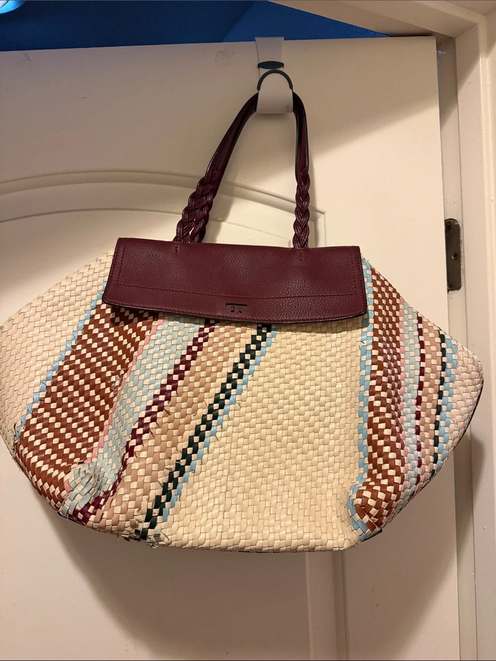 Tory Burch Cream Woven Tote with Burgundy Flap and Multicolor Stripe Accents